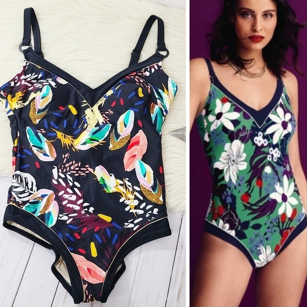 Anita slimming one piece swimsuit black gold feathers Women's size 8 C NWT new